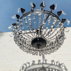 20&quot; W x 12&quot; L Antique Crystal Chandelier Bowl, Semi Flush, Silver, Brass, Filigree, Acanthus Leaf Motif, French,  Suitable for USA & EU