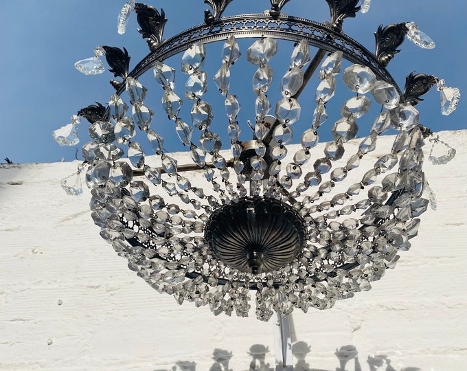 Antique Crystal Chandelier Bowl: French Filigree Brass Semi Flush Mount