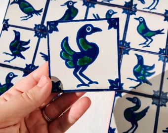 24 Hand-Painted Talavera Tiles: Fajalauza Bird Design, Spanish Colonial
