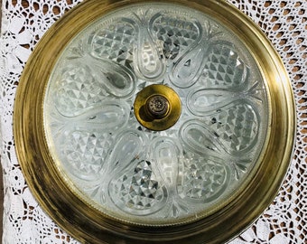 Antique Brass Cut Glass Flush Mount Light - Mid Century Colonial (14" W)