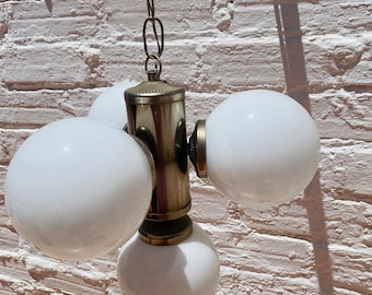 Petite Mid Century Sputnik Chandelier, Orb Orbital Milk Glass Globe, Chrome, 28"