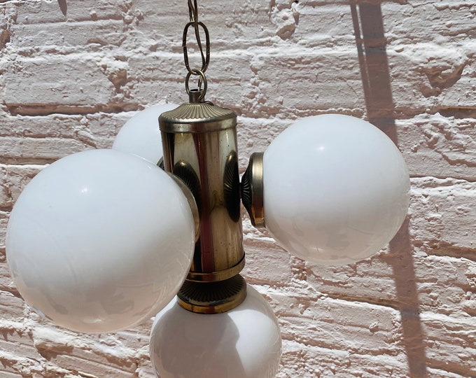 Petite Mid Century Sputnik Chandelier, Orb Orbital Milk Glass Globe, Chrome, 28"