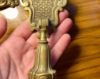 Pair Antique Cast Brass Keyhole Cover Escutcheon Plates with Drop Pull Handles Ornate Spanish Cabinet Door Hardware LARGE 7" L