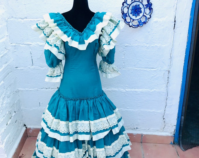 Waist 26" Vintage Authentic Flamenco Dress Gypsy Frida Cosplay, Blue 3/4 Sleeve
