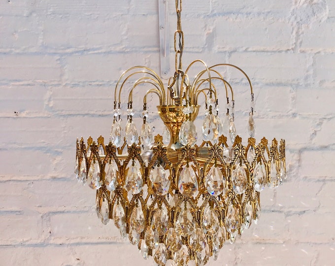 Antique Brass Chandelier with Tear-drop Crystals - 27"