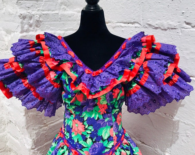 Waist 29" Vintage Authentic Flamenco Gypsy Dress Frida Kahlo Feria Gitana, Purple Red Floral Polyblend Polycotton