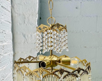 Antique Crystal Tiered Chandelier 28x15.5 Brass Art Deco Ceiling Light Wedding Cake Waterfall Pendant