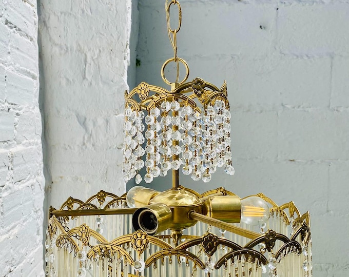 Antique Crystal Tiered Chandelier 28x15.5 Brass Art Deco Ceiling Light Wedding Cake Waterfall Pendant