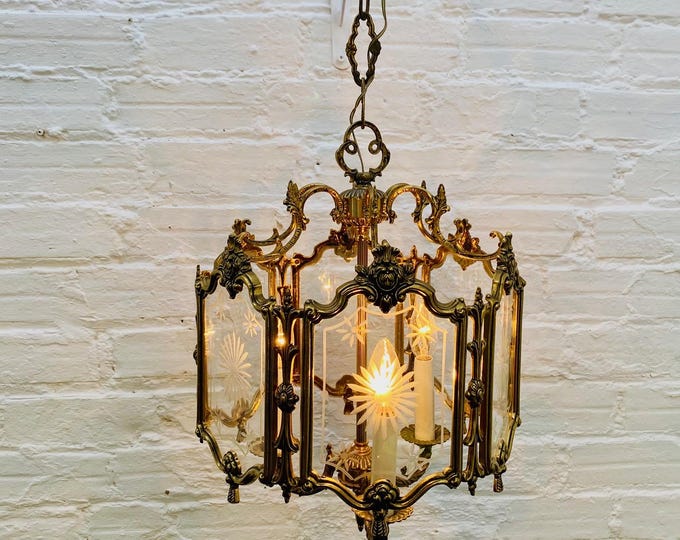 Antique Bronze Spanish Lantern: Etched Glass Foyer Hall Light (31" x 13.5")
