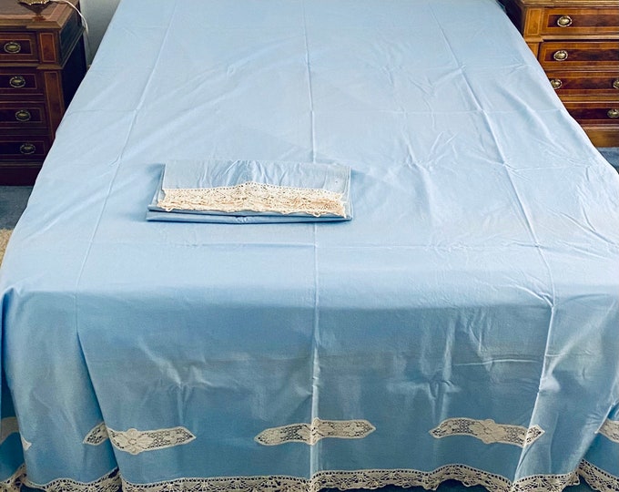 Antique French Lace ! Decorative BLUE Top Flat Sheet, Matching Long Pillowcase