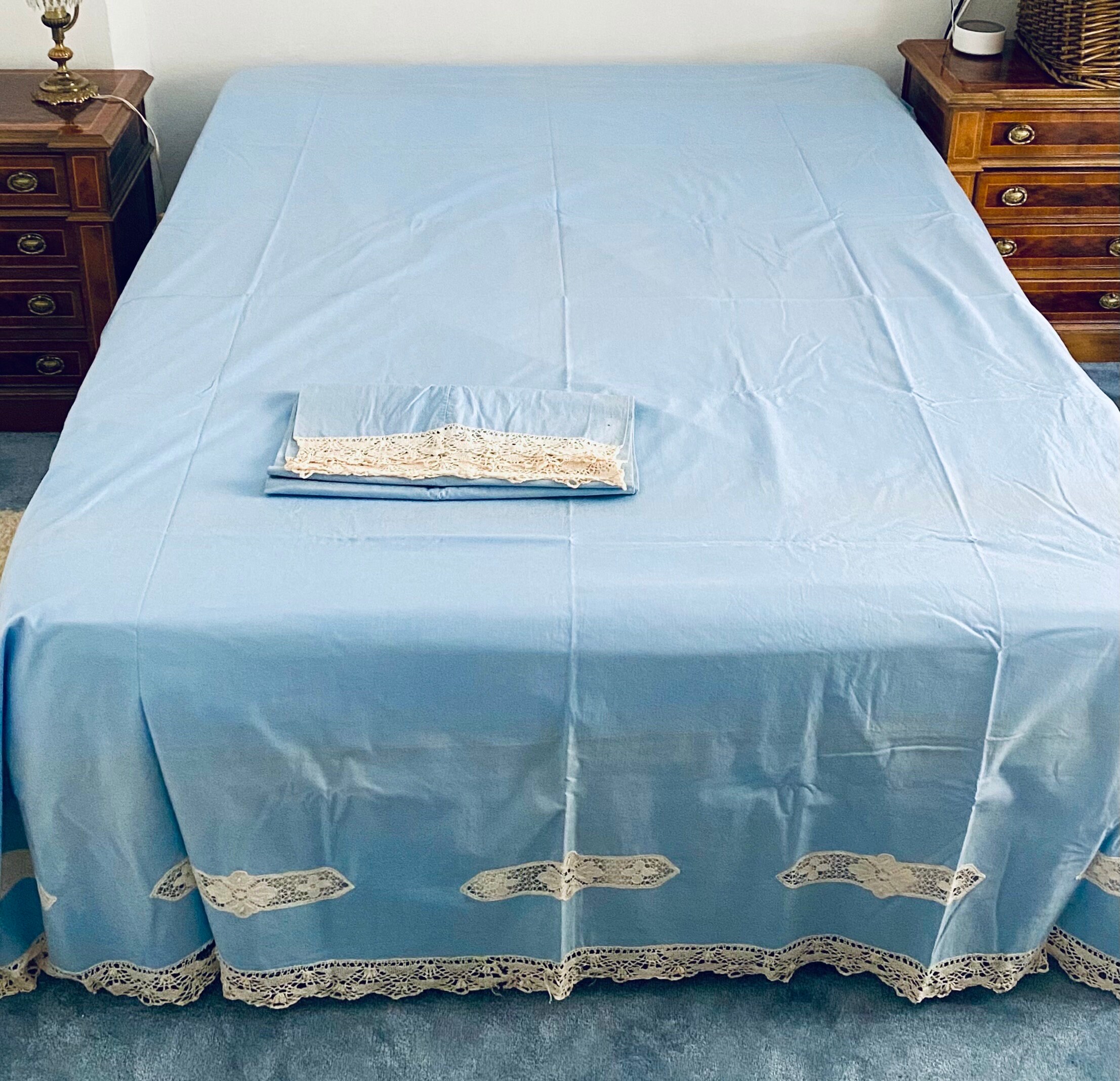 Antique French Lace ! Decorative BLUE Top Flat Sheet, Matching Long Pillowcase