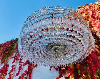 Antique French Crystal Chandelier: Silver Bronze, Icicle Spears, 4-Light