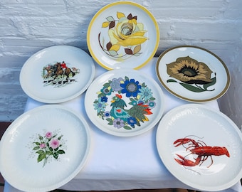 Six Pontesa Spain Collectible Plates: Bird, Horse, Lobster, Floral (10")