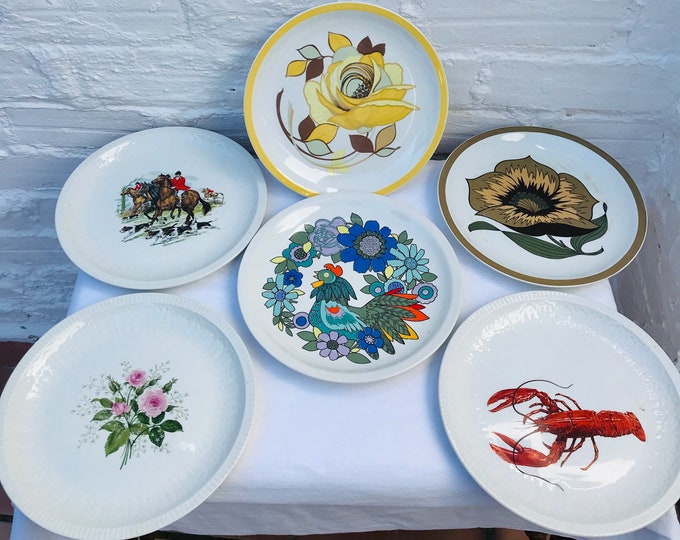 Six Pontesa Spain Collectible Plates: Bird, Horse, Lobster, Floral (10")