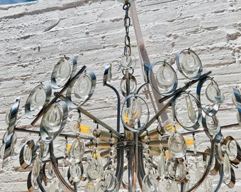 29" LARGE Mid Century Chandelier, 8 Lights, Silver, Chrome, Glass, Geometric, Antique