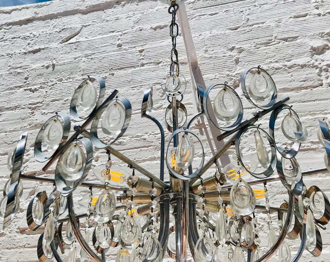 29" LARGE Mid Century Chandelier, 8 Lights, Silver, Chrome, Glass, Geometric, Antique