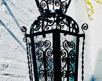 Authentic Spanish Wrought Iron Lantern – Hand-Forged Black Iron with Textured Glass, Vintage Andalusian Hanging Light