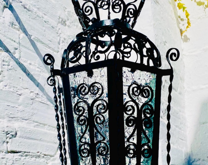Authentic Spanish Wrought Iron Lantern – Hand-Forged Black Iron with Textured Glass, Vintage Andalusian Hanging Light