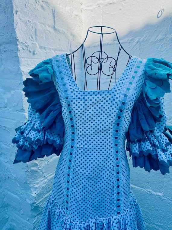Vintage Flamenco Dress: White Bodice, Blue Polka Dots, Size 28