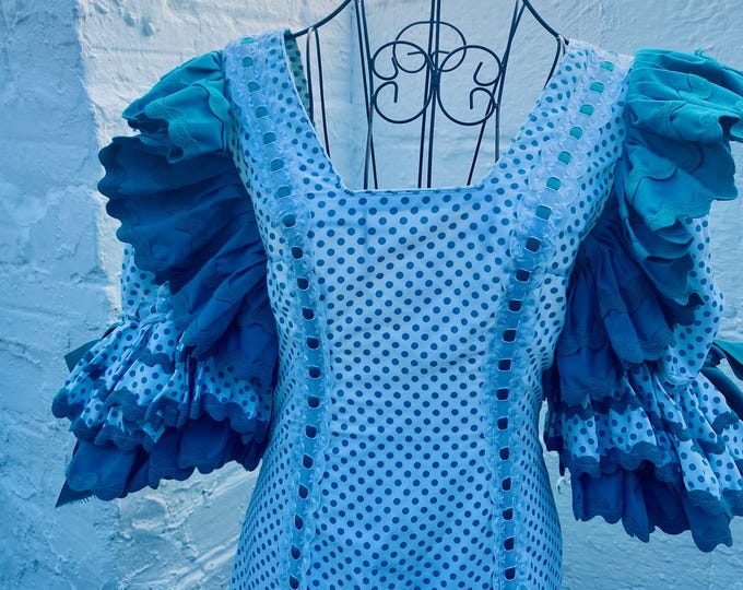 Vintage Flamenco Dress: White Bodice, Blue Polka Dots, Size 28