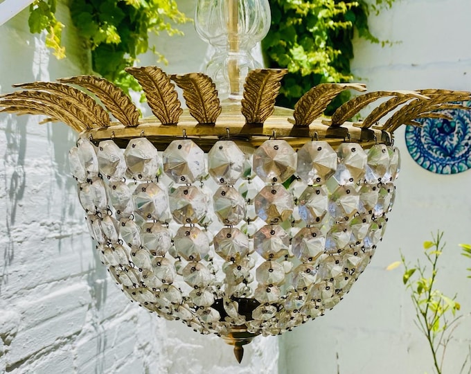 Antique French Crystal Chandelier: Bronze Feather Leaf, Restored