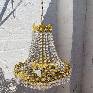 Vintage French Empire Crystal Chandelier: Gold Brass Hollywood Glamour
