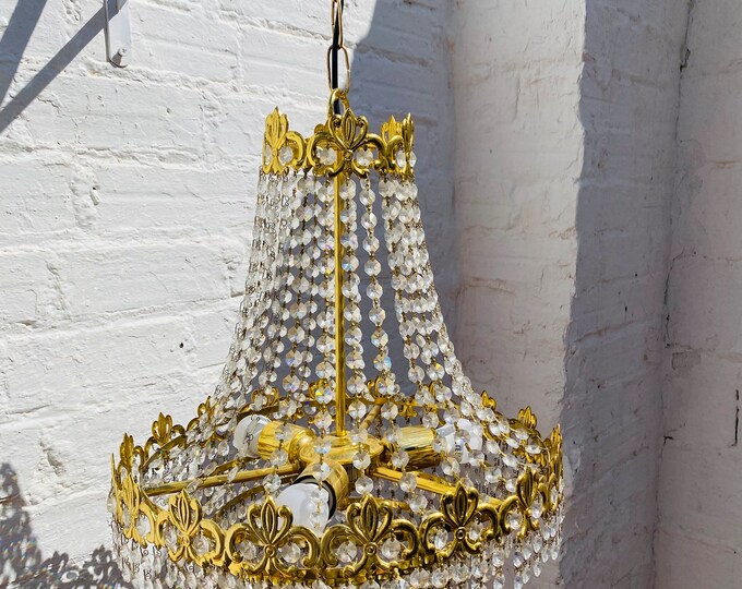 Vintage French Empire Crystal Chandelier: Gold Brass Hollywood Glamour