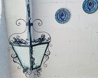 Antique Black Porch Light Lantern Wrought Iron Spanish Revival Gothic Medieval Decor