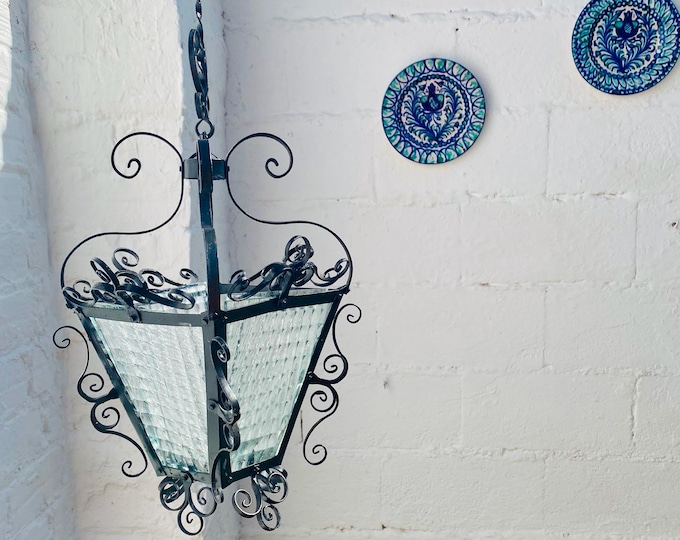 Antique Black Porch Light Lantern Wrought Iron Spanish Revival Gothic Medieval Decor