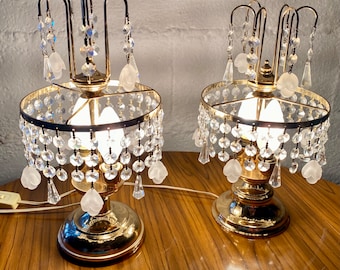 Vintage Boudoir Accent Table Lamps, Gold, Brass, Chandelier, Crystal, Light, French, Romantic, Hollywood