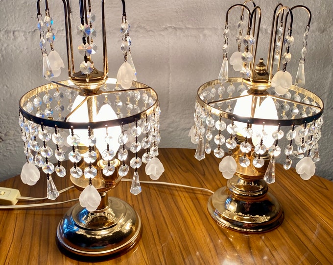 Vintage Boudoir Accent Table Lamps, Gold, Brass, Chandelier, Crystal, Light, French, Romantic, Hollywood