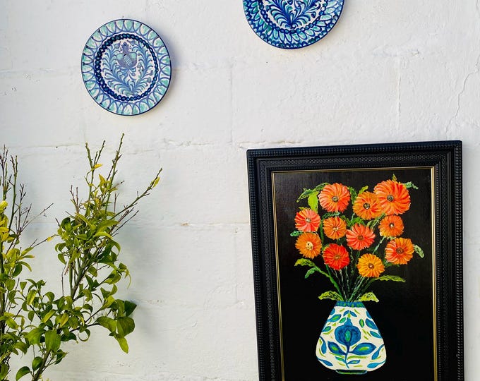 Vintage Floral Oil Painting, Orange Flowers, Fajalauza Vase, Signed Margarita, Framed Wall Art