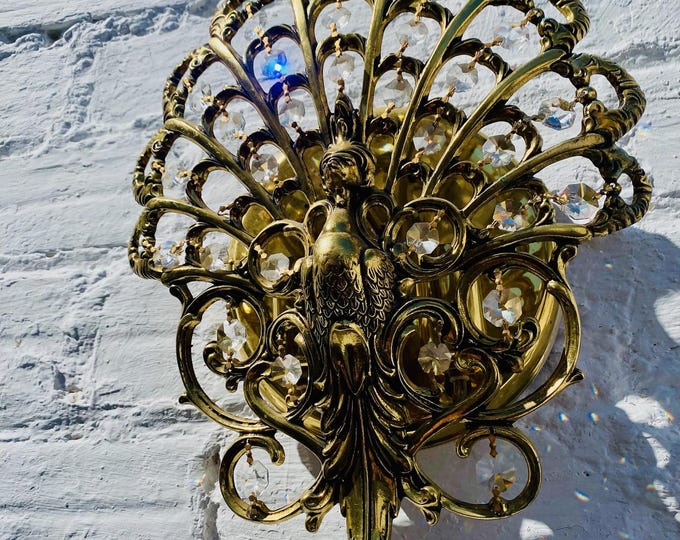 Antique Brass Peacock Wall Light, Sconce, Spain, 1960s, Suitable for USA / EU, Updated Wiring