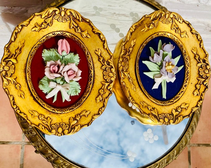 Antique Gilt Wood Oval Frame: Capodimonte Porcelain Flowers, Velvet Display (7 x 6")