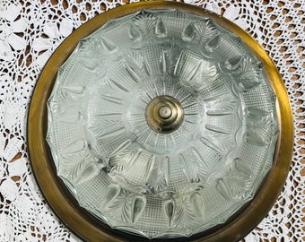 12.5" W Antique Brass, Cut Glass Flush Mount Ceiling Light Mid Century Colonial Fixture