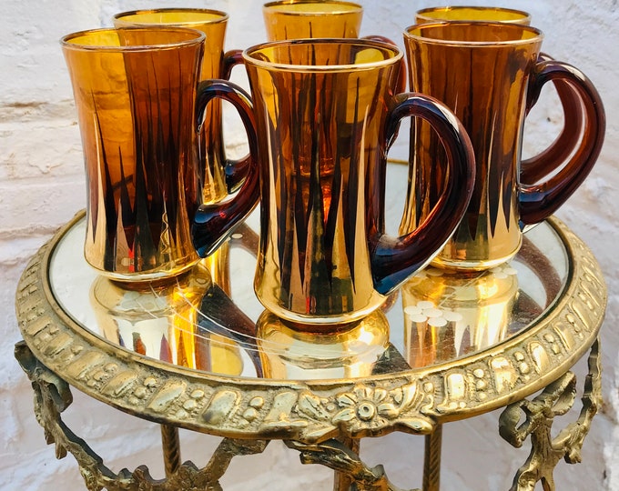 Hand Blown Mugs, Brown Gold Leaf, Mid Century Design, Cocktail Cups Glasses