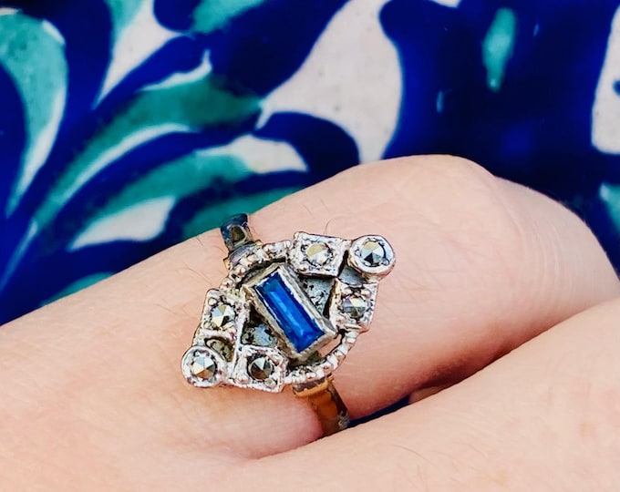 Antique Ring, Saphire Blue, Marcasite, Silver, 18k Gold Band
