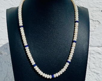 Antique Pearl Necklace: 18k Gold Clasp, Blue Stone Accents, Spain Estate Jewelry