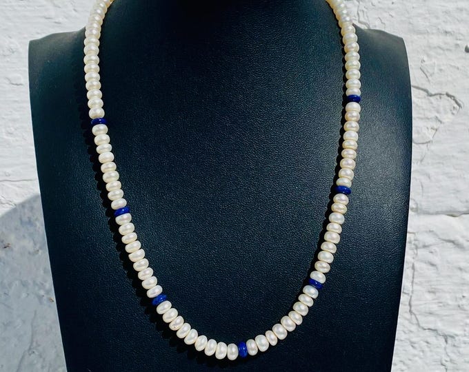 Antique Pearl Necklace: 18k Gold Clasp, Blue Stone Accents, Spain Estate Jewelry