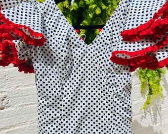 Vintage Flamenco Dress: Black Polka Dots, Red Highlights, Size 29" Waist