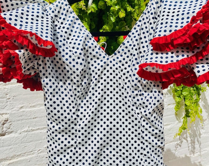Vintage Flamenco Dress: Black Polka Dots, Red Highlights, Size 29" Waist