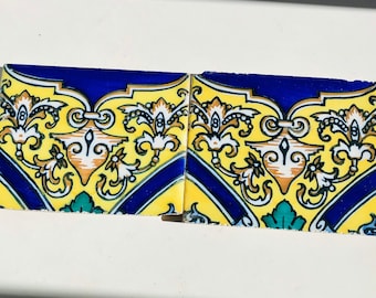 2 Antique Spanish Tiles Seville Sevilla Ornate Yellow Blue Accent Wall