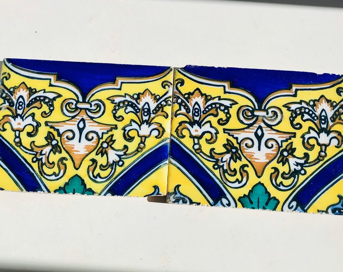 2 Antique Spanish Tiles Seville Sevilla Ornate Yellow Blue Accent Wall