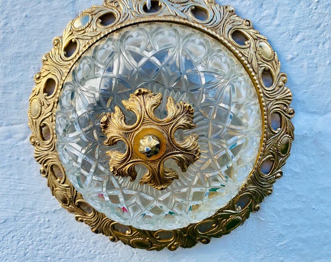 Antique Spanish Brass Flush Mount Ceiling Light Cut Glass Dome for Low Ceilings