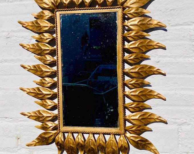 Vintage Spanish Gold Sunburst Mirror 1960s Metal Leaf Frame Hollywood Regency Wall Decor