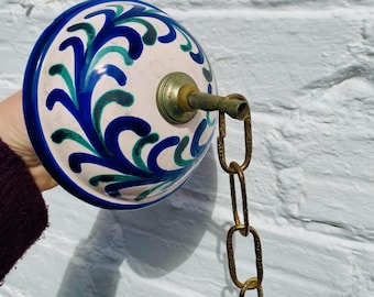 Ceramic Chandelier Ceiling Canopy, Mediterranean, Fajalauza, Talavera, Blue White Brass