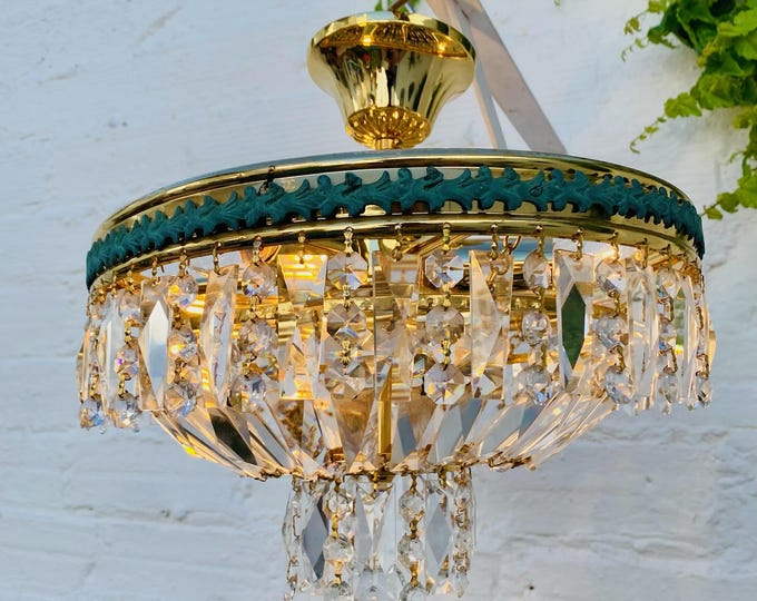Vintage Neoclassical Crystal Chandelier: Green Rim, Tiered Brass Bowl