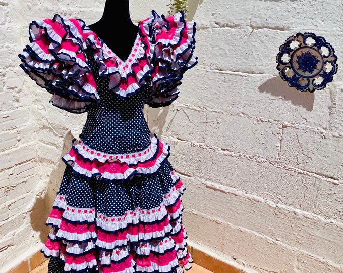 Vintage Flamenco Dress: 26" Waist, Navy Polka Dot Ruffled Gitana Gown