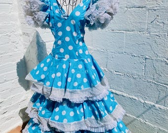 Vintage Flamenco Dress: Blue White Polka Dots, Short Sleeves, Feria Gitana, Waist 25"