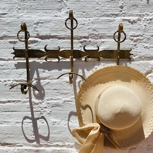 Antique Gold Wrought Iron Coat Hanger Hat Hook Rack French Spanish Country Farm, Perchero